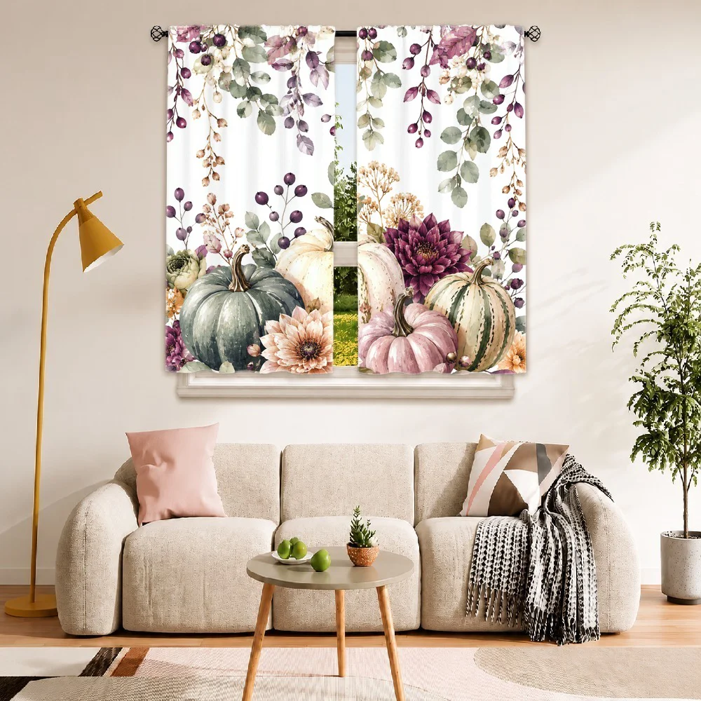 2PCS Digital Print Curtains, Purple Green Pumpkin Floral Berry Branch Pattern, Vintage Watercolor Style for Dining ／ Unique