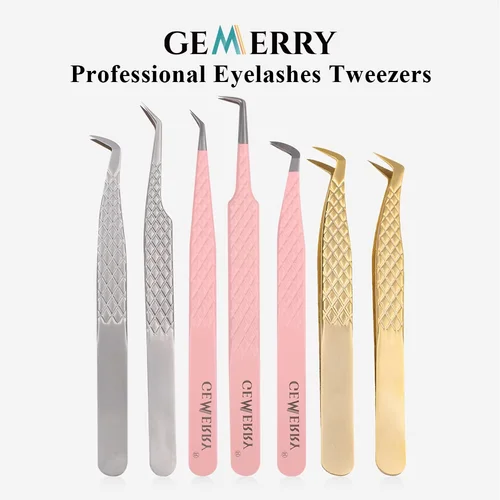 Pinzas Gemerry para pestañas, extensiones de pestañas profesionales, cejas, puntas de fibra de acero inoxidable, pinzas antiestáticas, herramientas de maquillaje