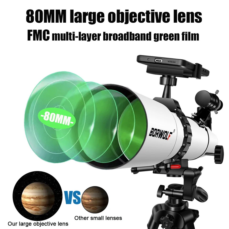 BORWOLF Astronomy Telescopes for Adults, 80mm Aperture 500mm AZ
