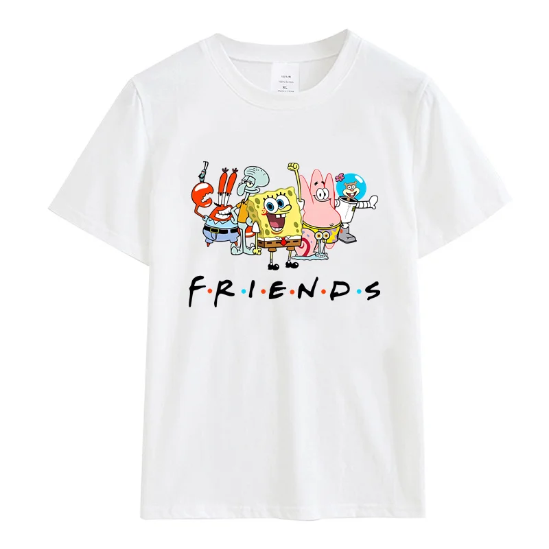 Men T-shirt Cartoon Sponges-bobs Print Cotton Women Girl Tops Casual Female Short-sleeved White Round Neck Oversized T-shirts