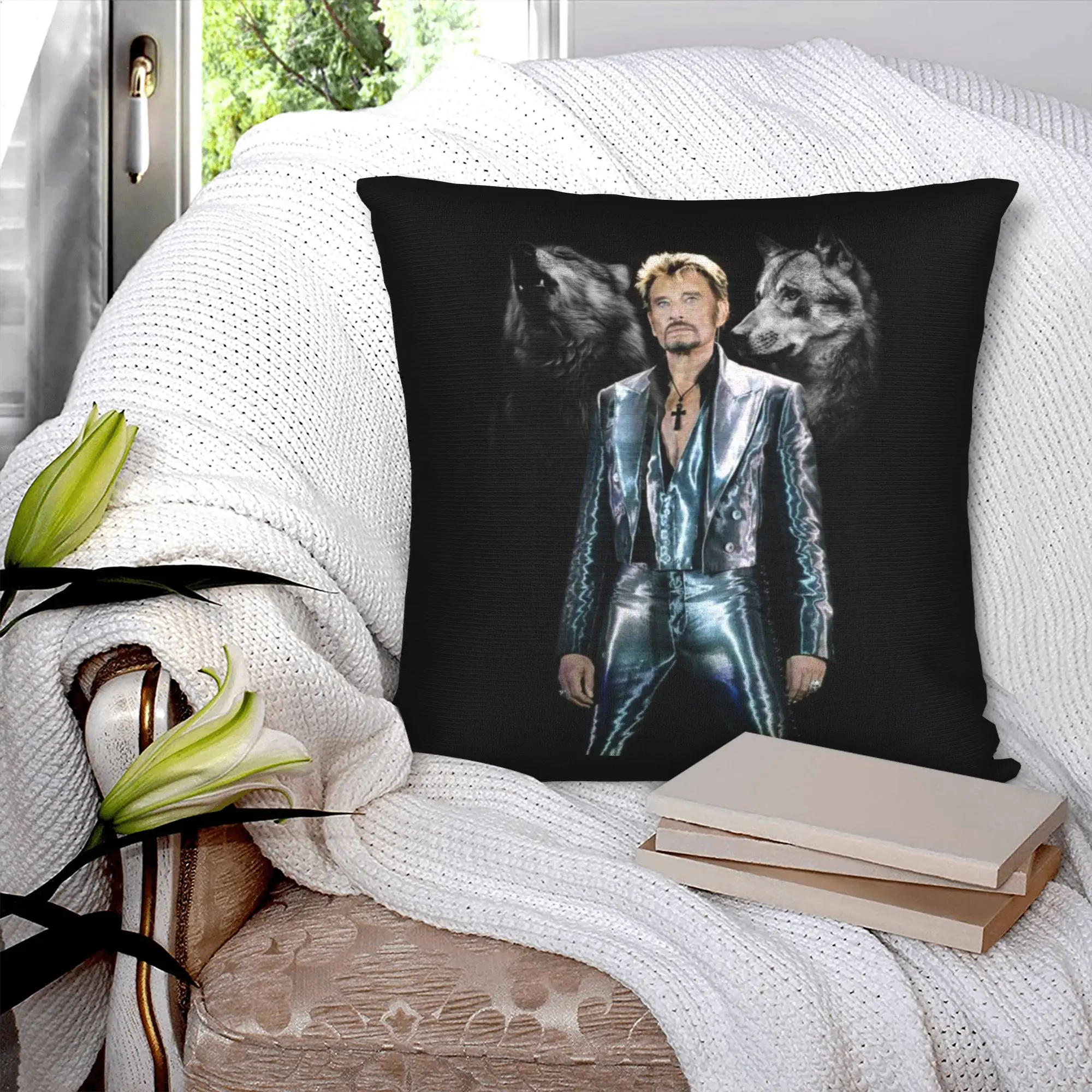 Johnny Hallyday With Wolf Throw Pillow Case for Sofa French Rock Singer Modern Cushion Cover Square Pillowcase
