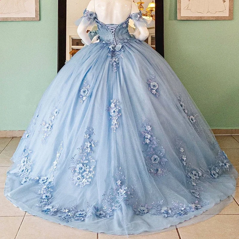 Jasnoniebieska suknia balowa dla kobiet Quinceanera Dresses 3D Handmade Flowers Beads Appliques Tulle Vestidos 15 De XV Años Prawdziwe zdjęcia