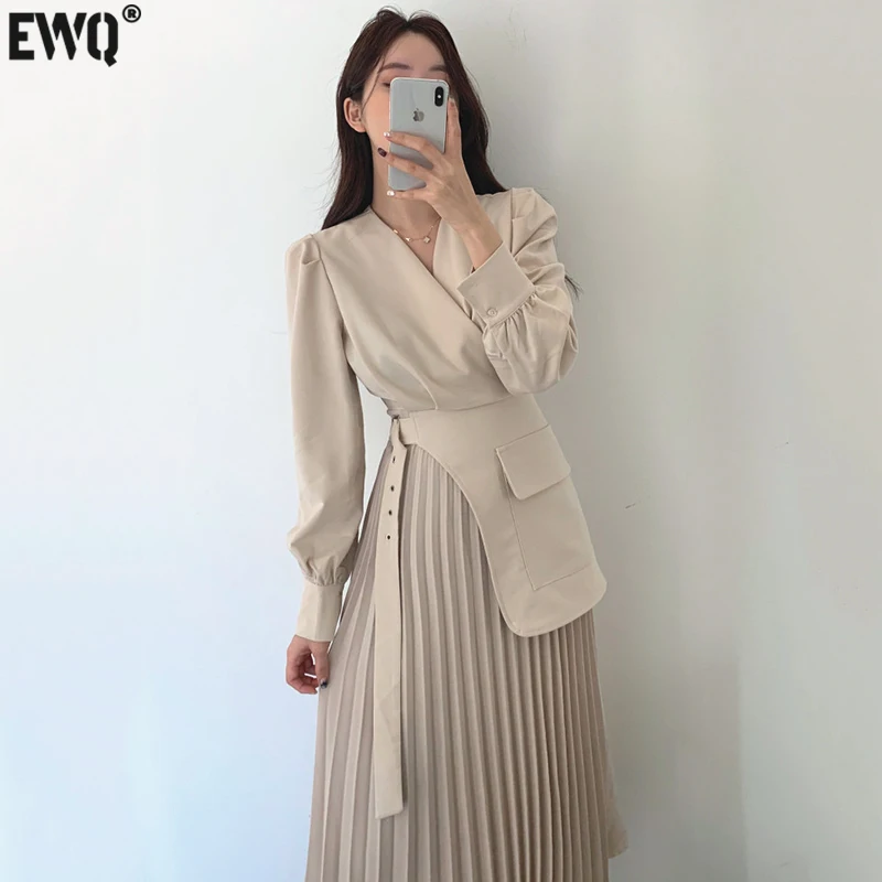 EWQ-V-Neck manga comprida minimalista patchwork plissado Hem Suit vestido com cinto, vestidos modernos Lady Blazer, 8Q821, outono, 2024