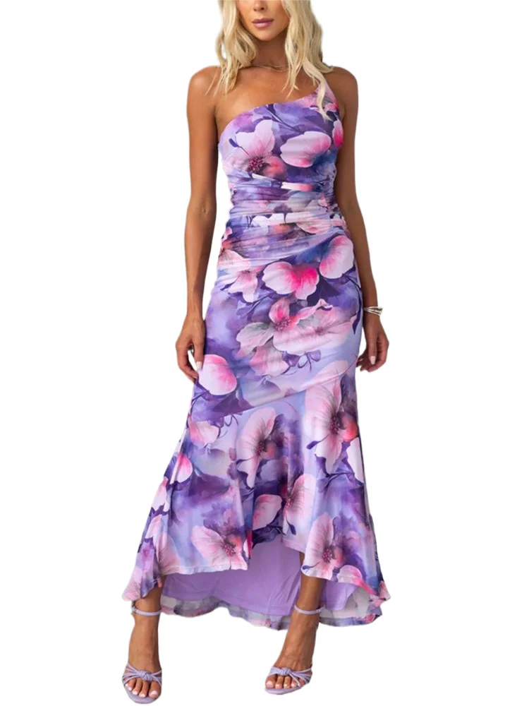 Elegant One Shoulder Printed Long Dress For Spring Summer Womens Dresses Sexy Sleeveless Irregular Dress Casual Party Dress
