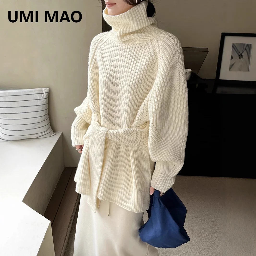 UMI MAO 30% Wool Sweater 2024 Women's Winter New Vintage Coarse Needle High Neck Belt Knitted Sweater Femme Y2K