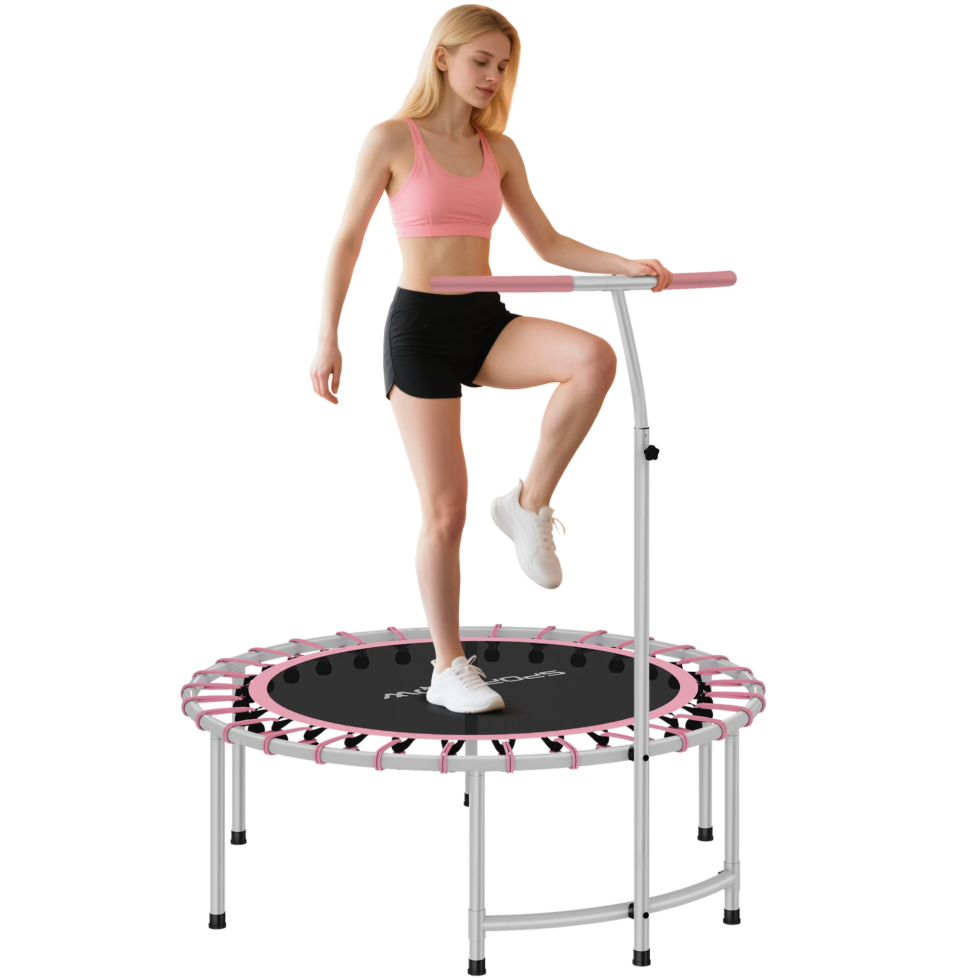 Trampolino fitness per adulti Sportnow Ø102 cm, mini trampolino fitness con manico regolabile a 5 livelli, struttura in acciaio, per
