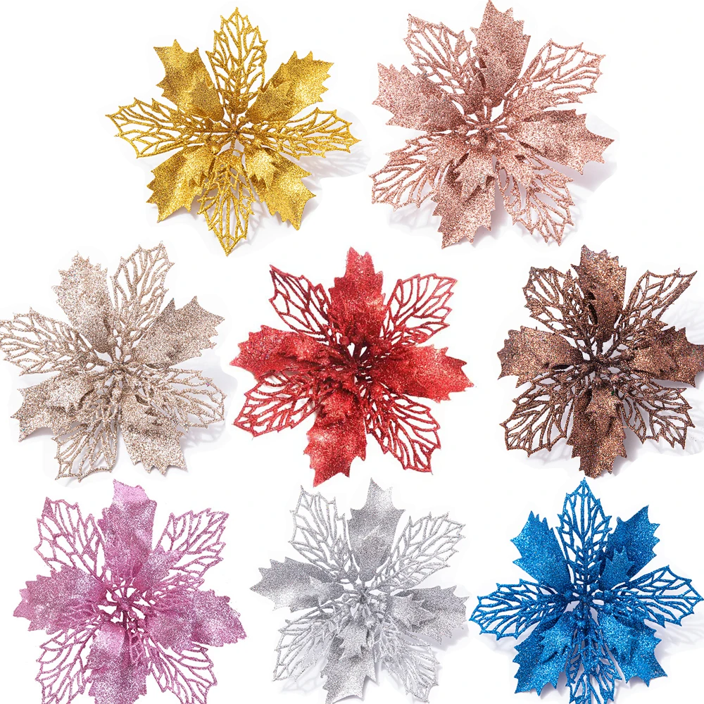 5PCS Christmas Flower Heads Colorful Glitter Powder Xmas Flower For Noel Tree Decoration Navidad Party Table Setting Supplies