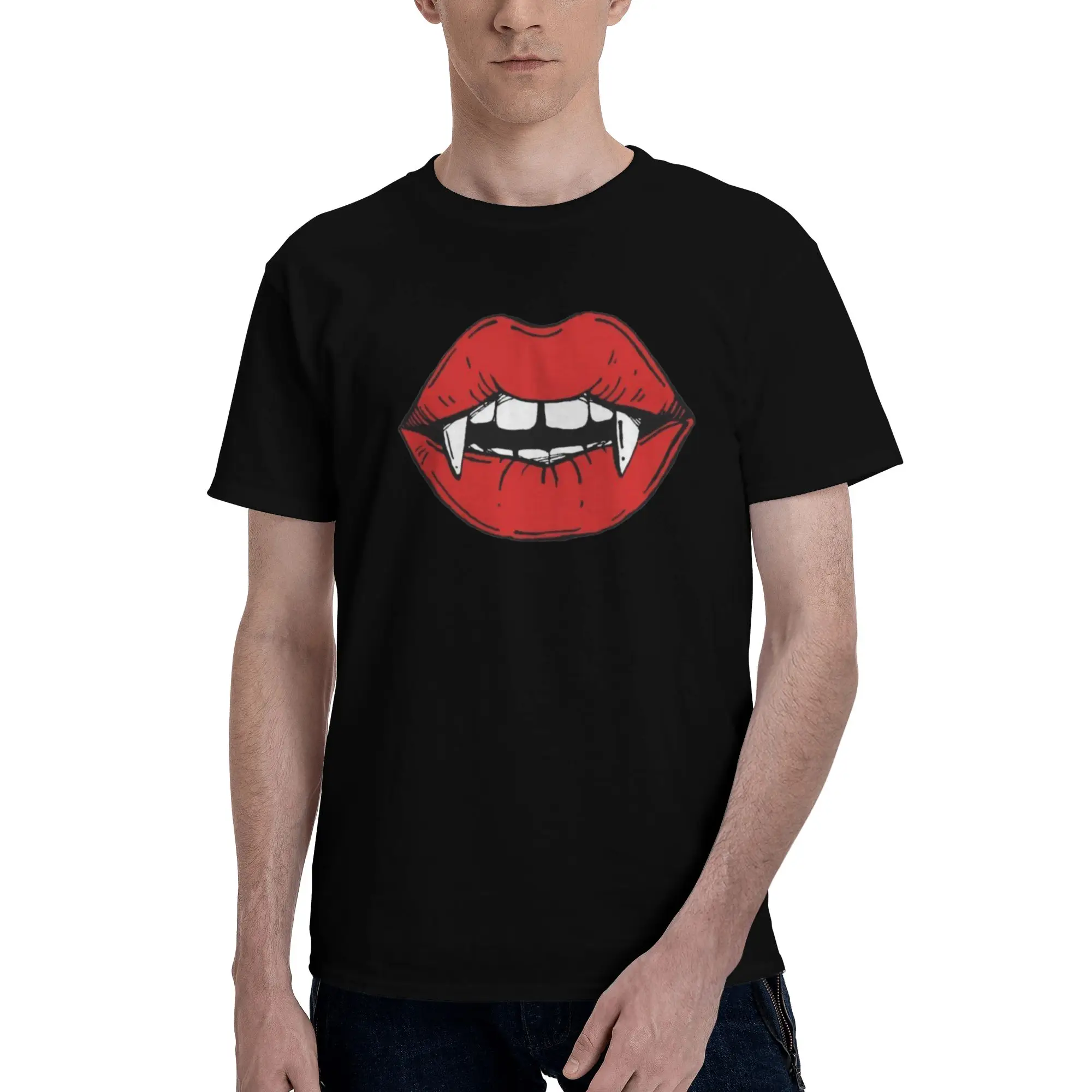 Red Vampire Lips Fangs Cartoon Art Men's T Shirts  Crazy Tees Short Sleeve Round Collar Cotton Graphic Printed Clothing T-Shirt