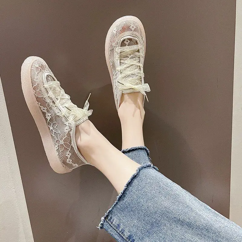 Off White Lace Up Woman Footwear Shoes For Women Black Mesh Breathable Flat Fashion 2024 Chic Elegant Promotion Sale Summer New