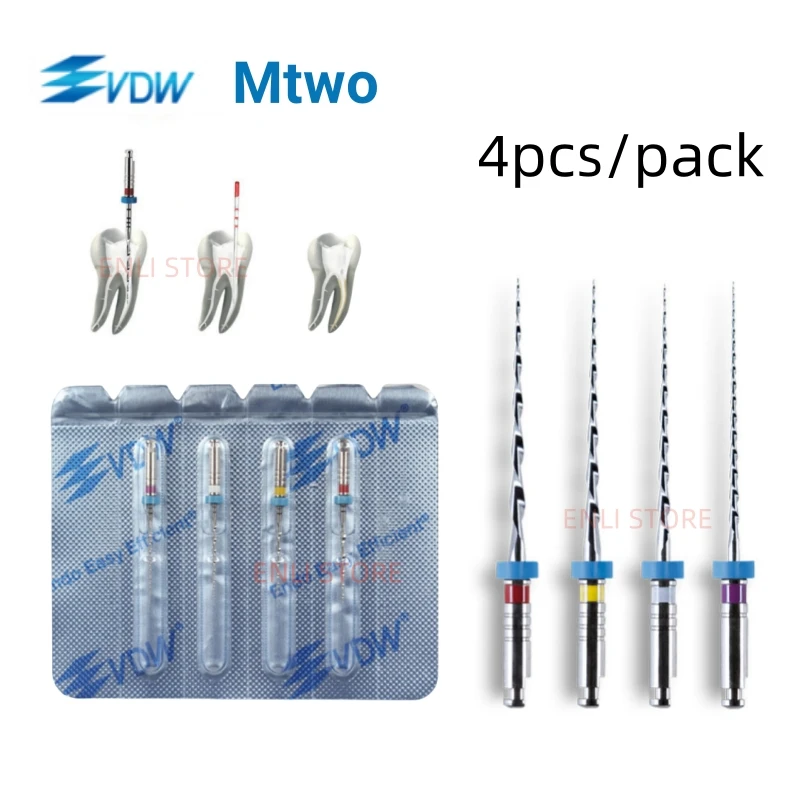 4Pcs VDW NiTi-Files MTWO Nickel-Titanium Mechanical Root Canal Files M2 Single File Basic Mechanical Root Canal Files