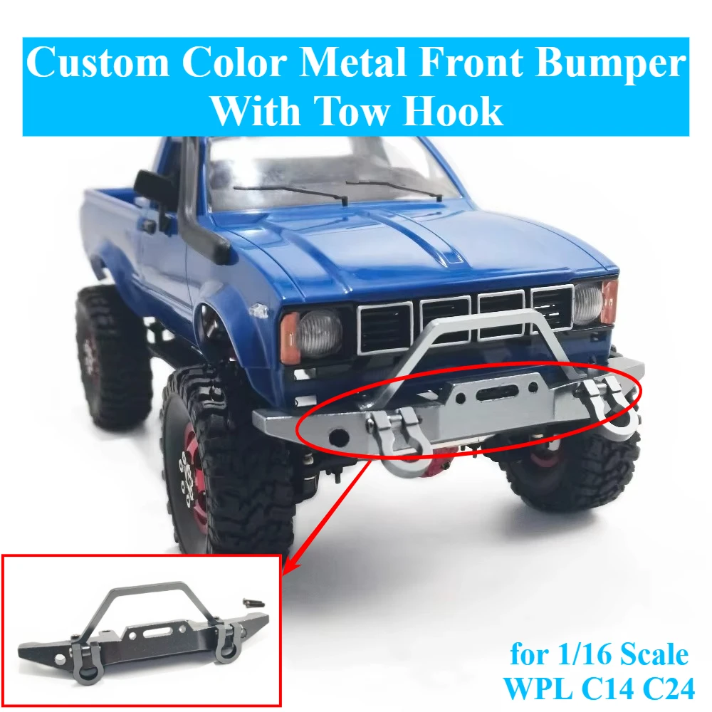 Custom Color Metal Front Bumper With Tow Hook Protective Upgrade Parts for 1/16 Scale WPL C14 C24 RC Car Replacement Accessories
