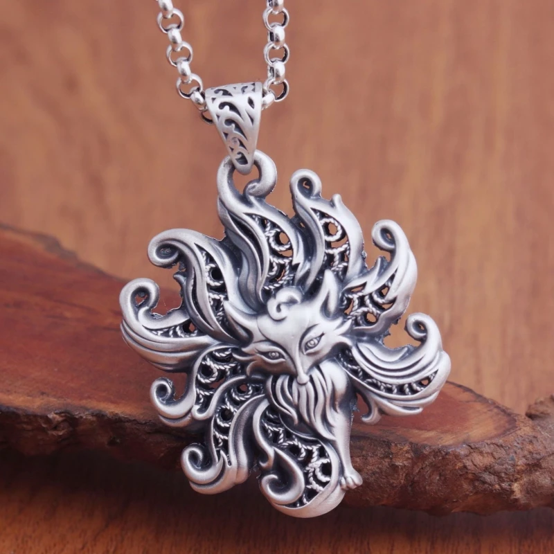 S999 Sterling Silver Pendants for Women New Fashion Hollow Argentum Wires Fox of  Nine-tailed Punk  Jewelry Wholesale