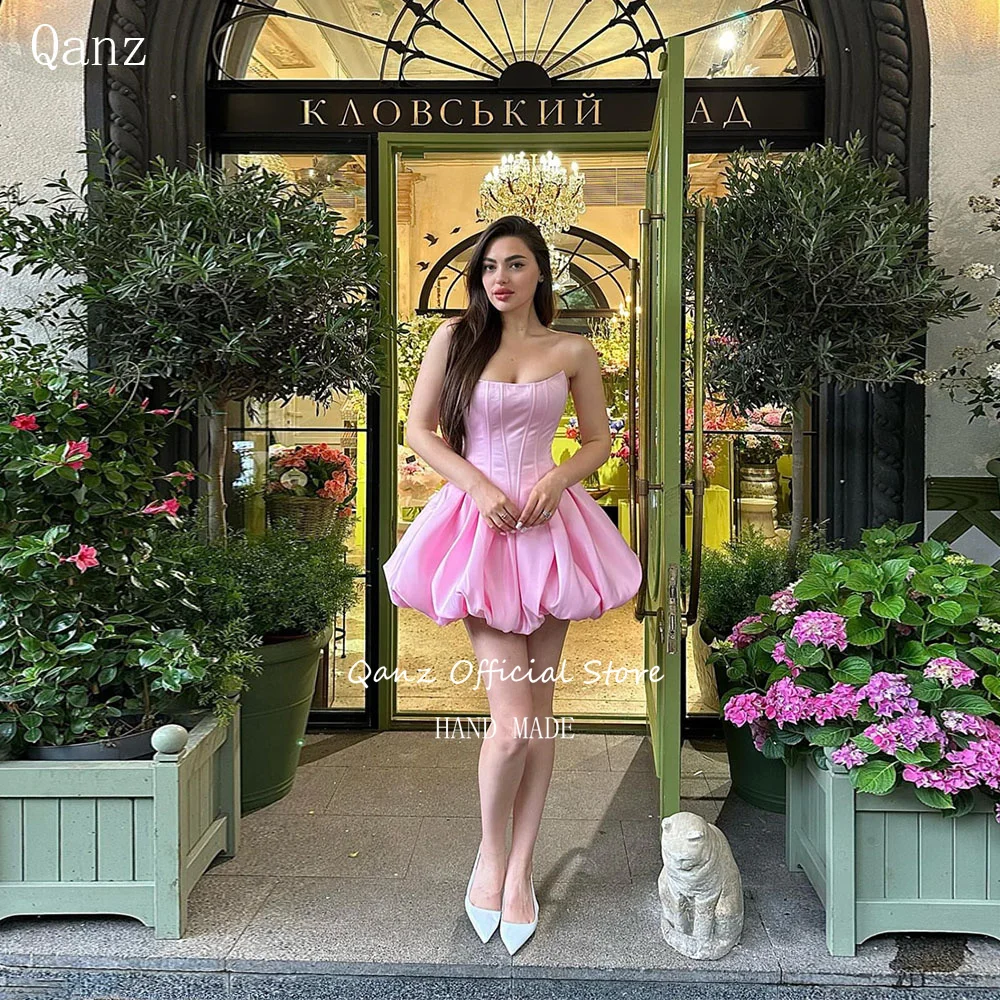 

Qanz Pink Satin Puff Prom Dresses Mini A Line Vestidos De Graduación Strapless Lace Up Back Vestidos De Fiesta Customized