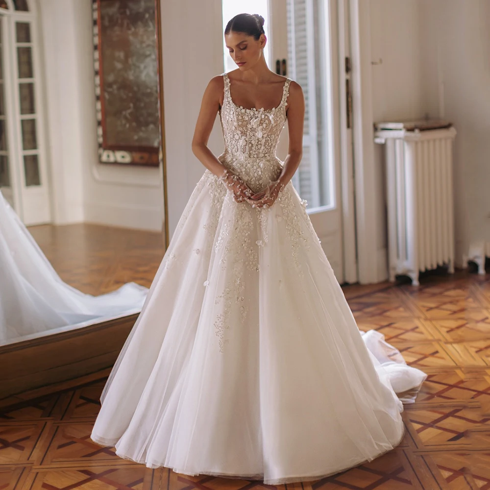 Wedding Dress Vestido De Noiva Sexy Sqaure Neck Sleeveless Flower Applique Open Back Sweep Train A Line Bridal Gown Bride