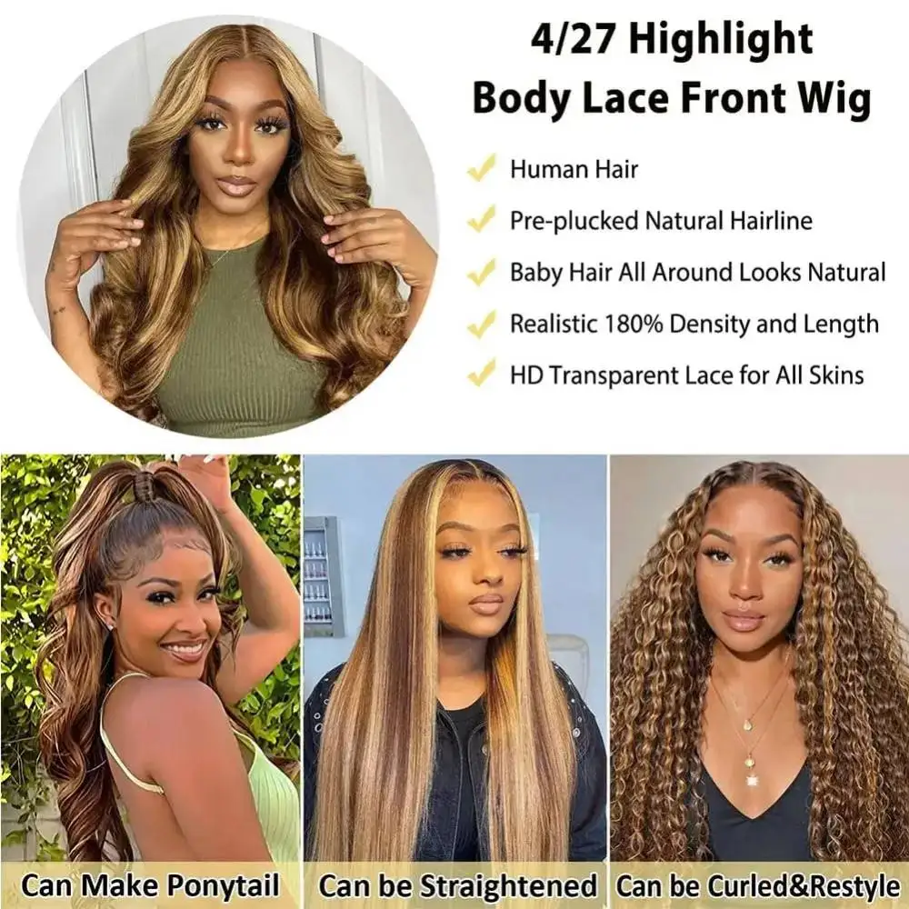 180% 200% Density Remy Human Hair Body Wave Wigs P4/27 Highlight Colored 13x4 13x6 HD Transpatent Lace Frontal Wig 18-46 Inch Pre Plucked Hair For Women image 5