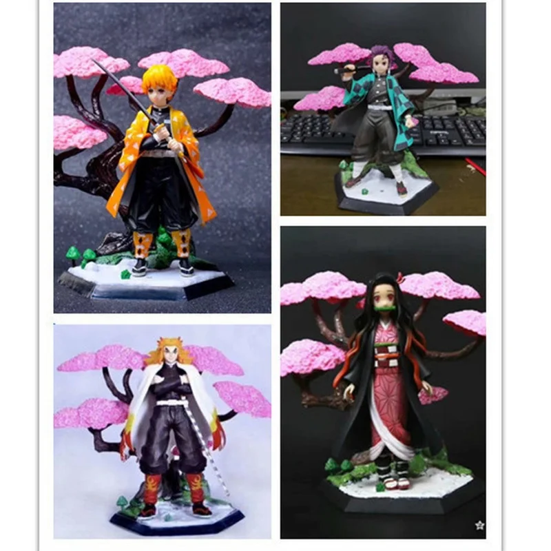 

Набор аниме-фигурок Demon Slayer Tanjiro Nezuko Kyojuro Rengoku с сакурой, сцена с цветком вишни, Коллекционная модель, подарок