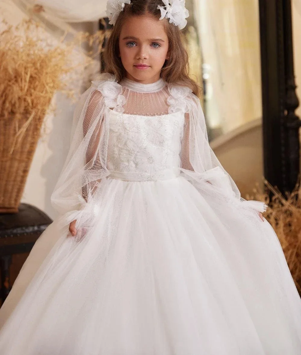 Abito da ragazza di fiore con fiocco in pizzo gonfio con applicazioni in tulle bianco per matrimonio, primo abito da festa di compleanno eucaristico per bambini