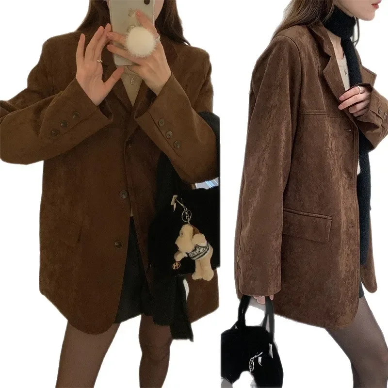 أنيقة الكورية نمط المرأة سترة من جلد الغزال الخريف الشتاء عادية خمر التلبيب معطف أنيق الترفيه موضة ملابس خارجية معطف