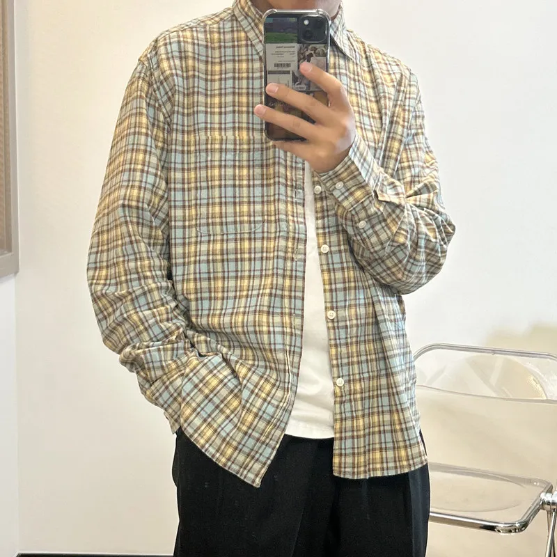 Japanese Retro Style Pure Cotton Shirt  Top Long Sleeved Thin Checkered Shirts
