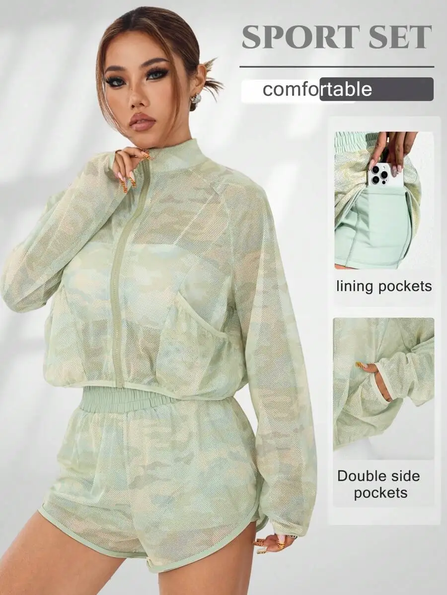 

Women Sheer Camouflage Sport Set Stand Collar Long Sleeve Jacket High Waist Shorts With Pockets