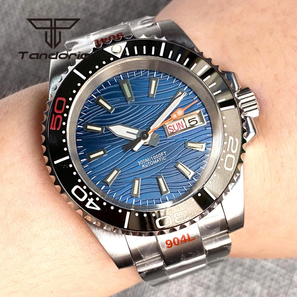 Tandorio 24 Jewels NH36A Blue Sterile Dial Week Date Display 40mm Automatic Wristwatch for Men Sapphire Glass Rotating Bezel