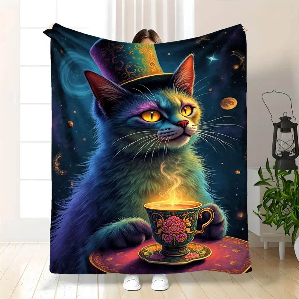 Cosmic Cat Pattern Flannel printed blanket suitable for all seasons suitable for living room office sofa and travel