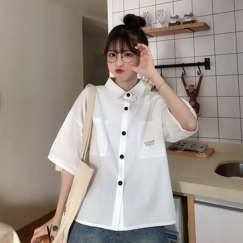 Blusa polo de manga curta feminina, camisa monocromática, blusa preta coreana, roupa vintage casual, botão juvenil que combina com tudo, verão, nova