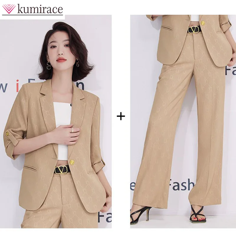 Loose Casual Suit Women's Thin 2023 Summer Professional Haute Couture 7/4 Sleeve Suit Two-piece Set Pant Sets Short Setscoat For