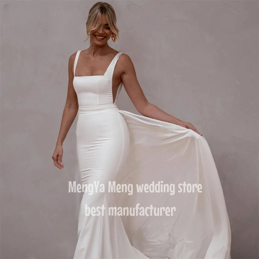 

Elegant Mermaid Wedding Dresses Women Spaghetti Strap Open Back Square Collar Bridal Gown Train Vestidos De Noiva Customized
