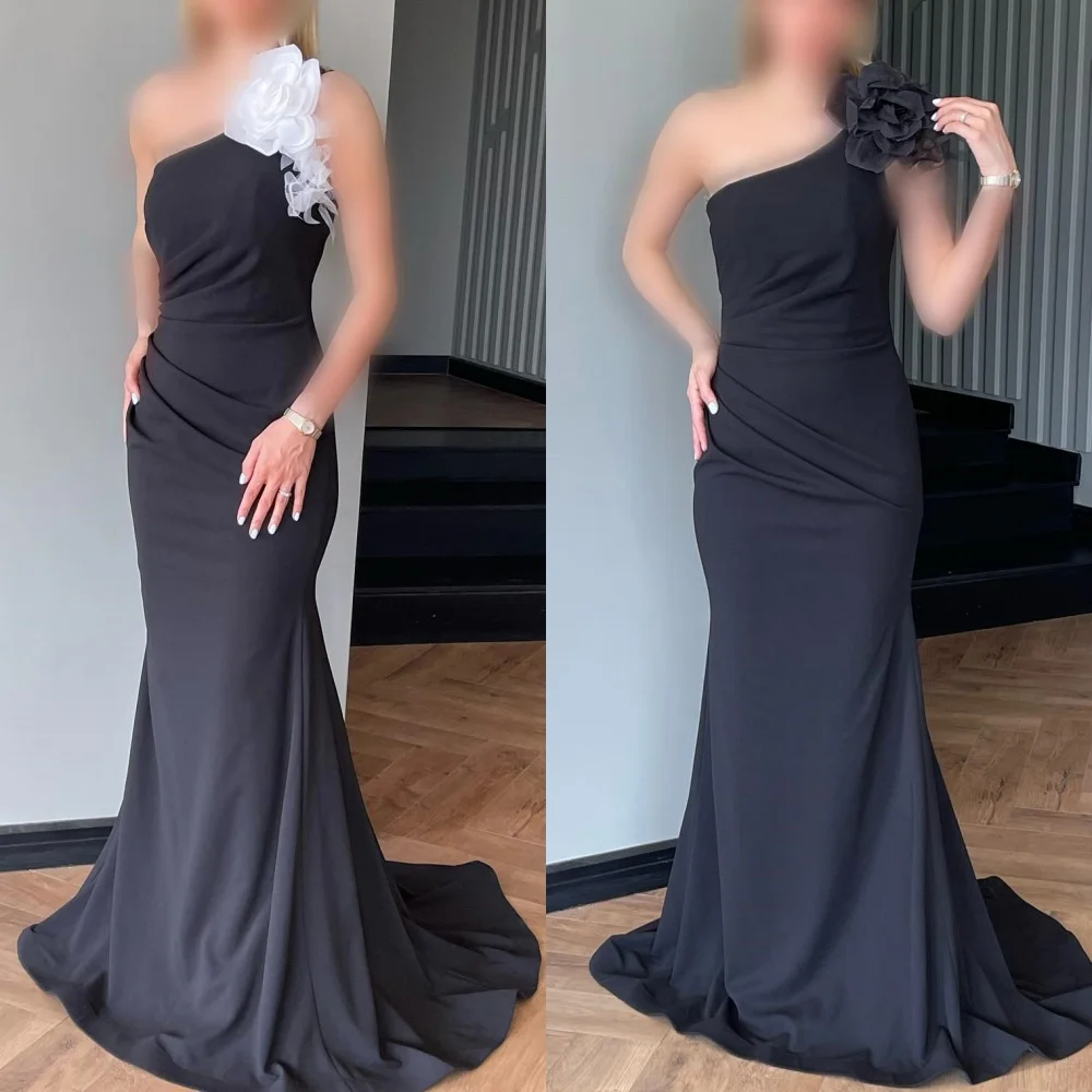 

Customized Modern Style Elegant Jersey Handmade Flower Pleat Mermaid One-shoulder Long Dresses Bespoke Occasion Dresses Formal