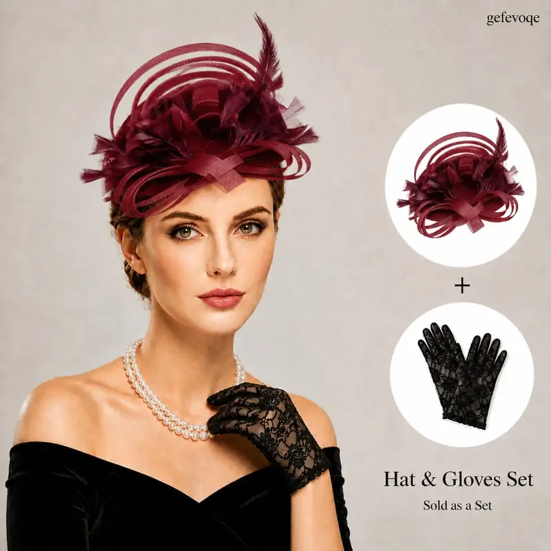 

2Pcs Womens Fascinator Hat Lace Gloves Set for Tea Party Derby Wedding