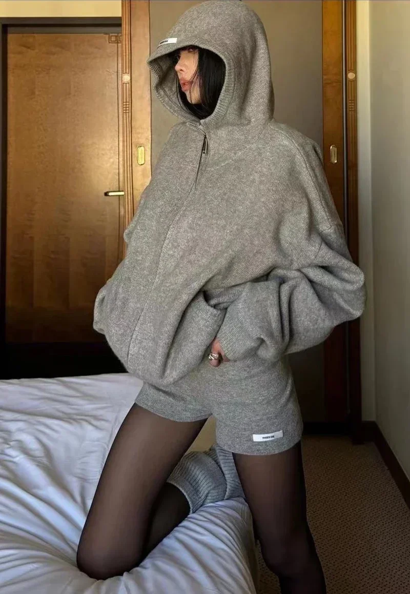 Y2k American Casual Sports Suit Lazy Hooded Cardigan Solid Color Loose Sweater Jacket Tight Shorts Gray Two Piece Set for Women