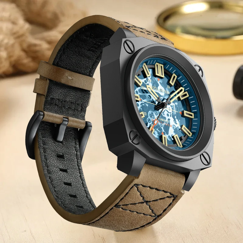 FeelNever Creative Skeleton Luxury Mechanical Watch Casual Sport Military Leather Strap Automatic Men\'s Watches Waterproof Clock