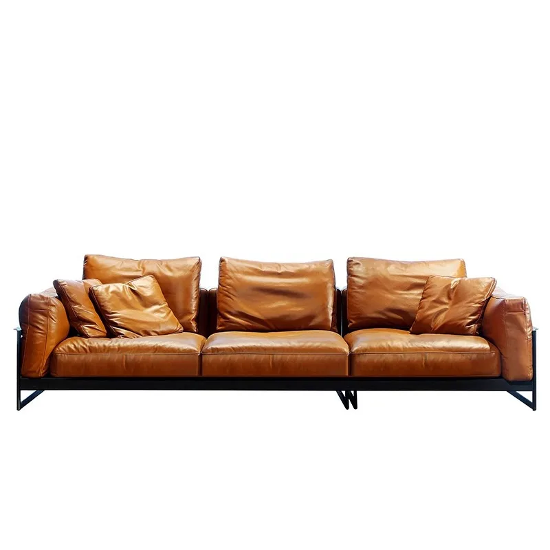 

Modern light luxury leather sofa Italian minimalist living room sofa three-person straight top leather sofa