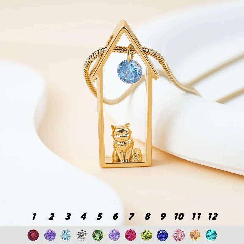 

12 Birthstone Cat Pendant Necklace Colorful Zircon House Kitten Clavicle Chain Fashion Versatile Birthday Gift Jewelry for Women