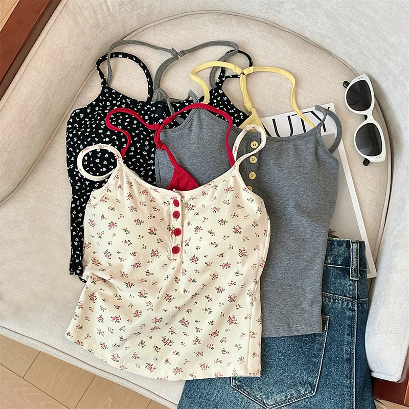 Women Summer Sexy Contrast Color Fake Two-piece Tank Top Sweet Fragmented Flower Crop Top With Bra Pad Spaghetti Strapy Camisole