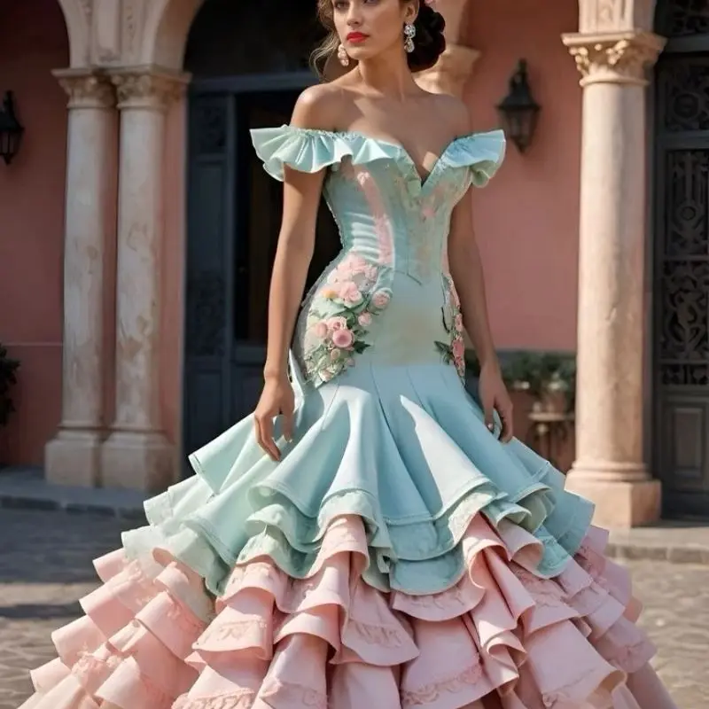 Vestido de baile flamenco moderno, babados, ombro de fora, longo, verde menta, com blush, rosa, cetim, sereia, festa de aniversário, personalizado
