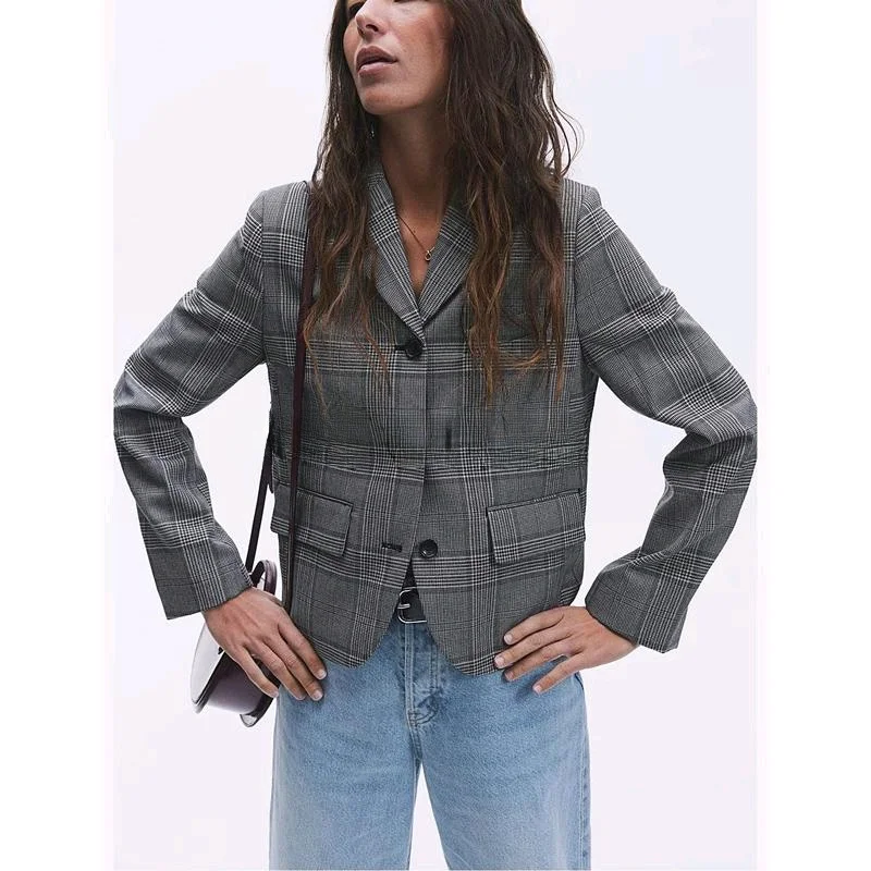 Lente nieuwe collectie dames casual lange Sve V-Ne enkele knop pak Jaet woon-werkverkeer Sle losse pasvorm ort lengte geruite pat...