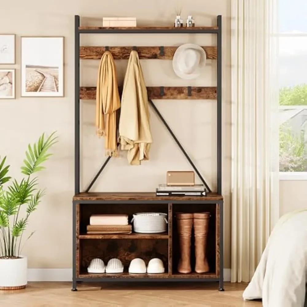 

Coat Rack, Industrial Hall Tree with 3 Cubbies and 8 Hooks, Freestanding Entryway Coat Rack with Shoe Storage for Living Room