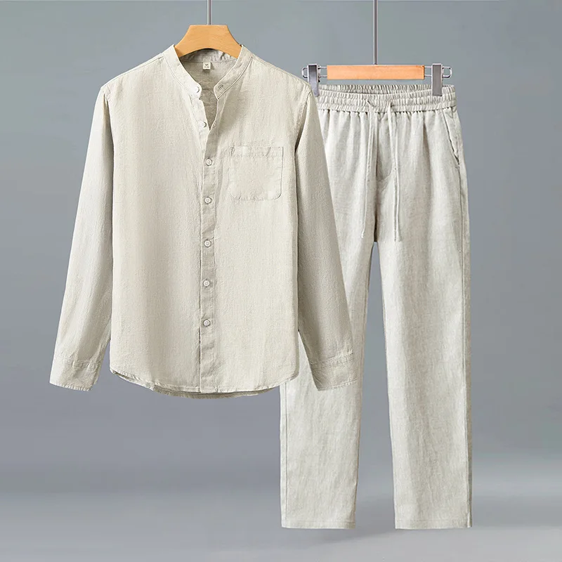 

2026 Mens 100% Pure Linen Long Sleeve Shirt Chinese Style Casual Loose Pants Set Spring Autumn Breathable Two Piece Outfit