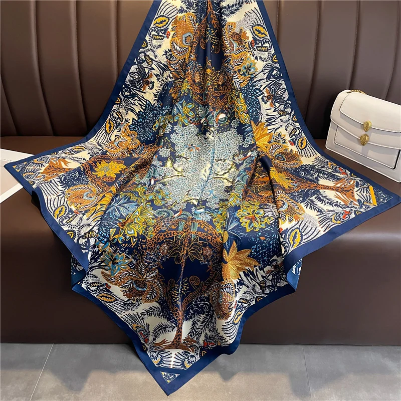 2024 Luxury Brand Flower Printed Silk Scarf For Women Large Square Scarves Twill Travel Sun Protection Warm Neck Shawl 90cm