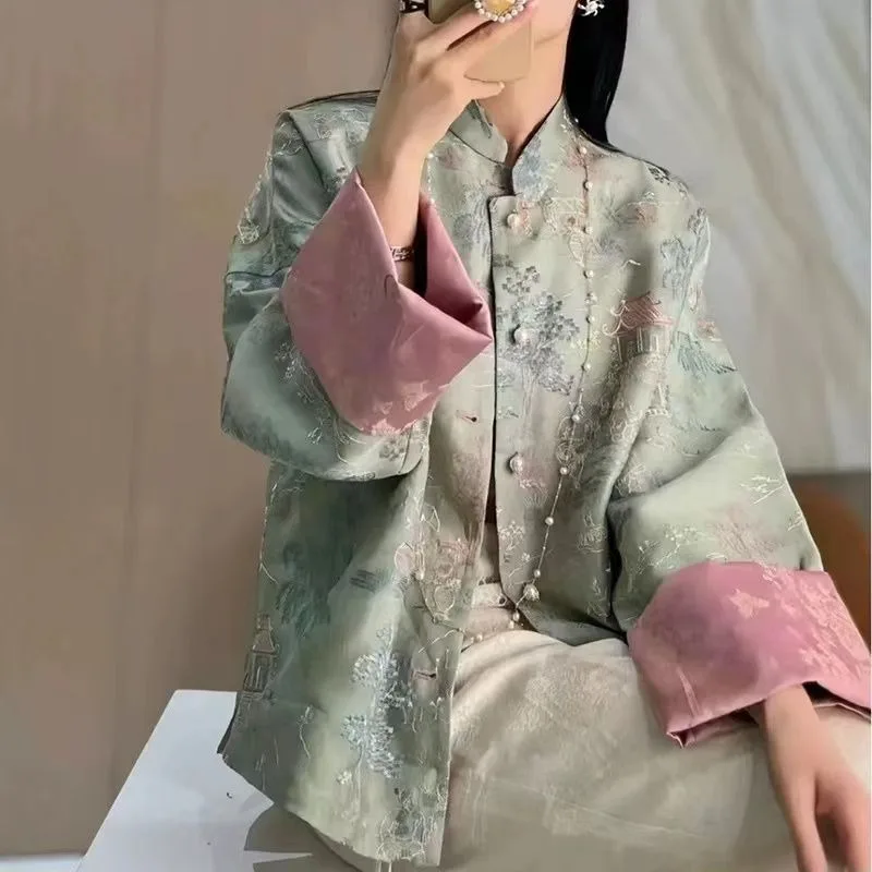Women's Clothing New Coat Chinese Retro Embroidery Tang Suit Jacquard Button Fastening Double-sided Stand-up Collar Outerwear
