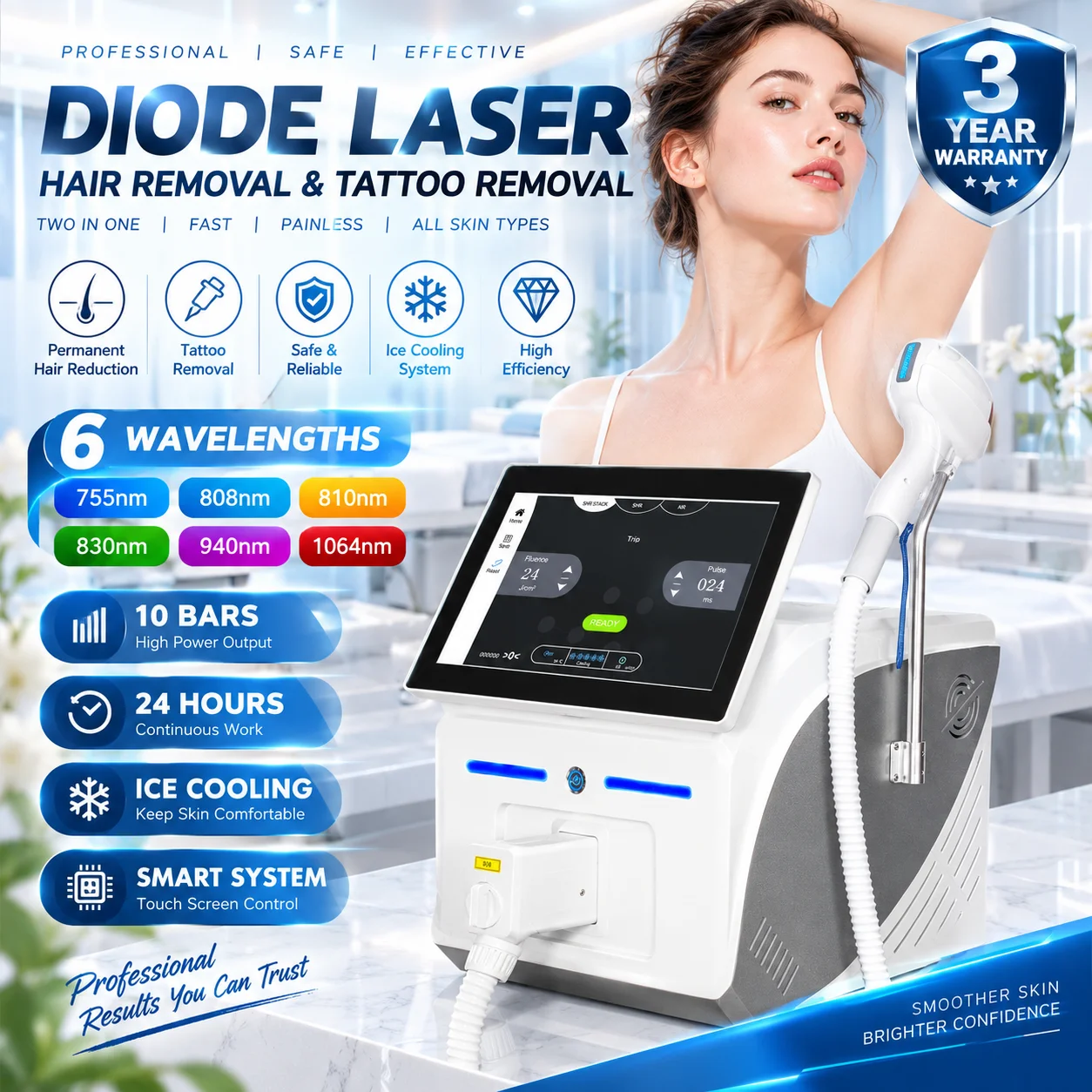 Professional Ice Titanium Diode Laser Hair Removal Machine Portable 4-Wavelength Alexandrite 10-Target Hair Removal Device