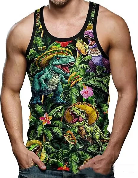 2027 Funny Shark Cat 3D Print Tank Tops Men's Summer Oversized O-Neck Vest Fitness Gym Streetwear Sleeveless Beach Tops