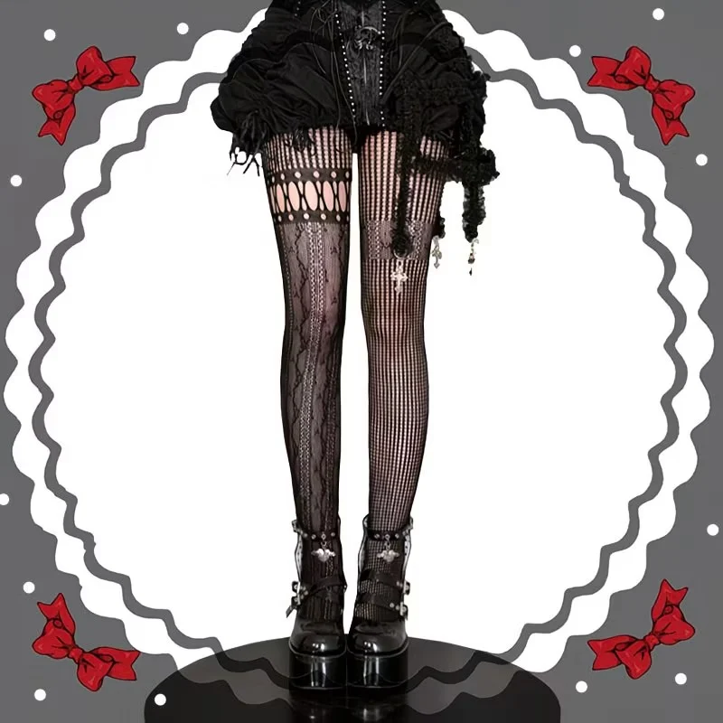 Y2K Dark Gothic Hollow Lace Leg Socks Punk Jacquard Splicing Fishing Net Over Knee Socks Hot Girl Socks
