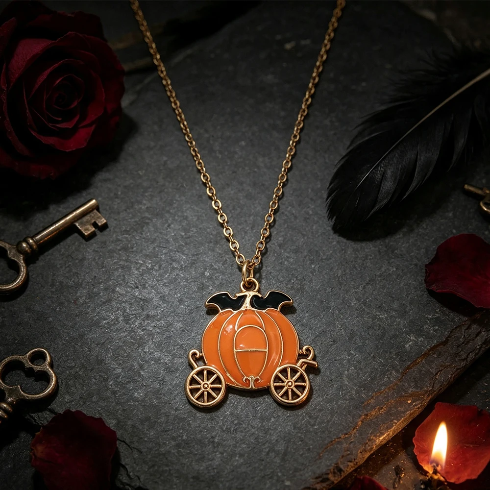 Halloween Bat Pumpkin Carriage Necklace Cinderella Fairy Tale Pumpkin Carriage Oil-Drip Clavicle Chain Festive Sweet Accessories