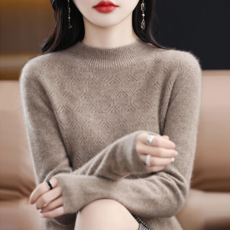 

100% pure wool women's O-neck sweater knitted long-sleeved pullover women's Korean soft basic fashion women's top