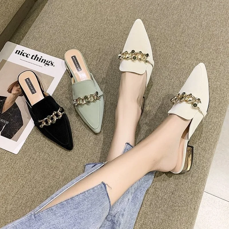 Maogu Luxury Slides Square Toe Ladies Shoes Summer Fashion Footwear Square Low Heels Shoe Slides Slippers Women 2023 Chain Mules