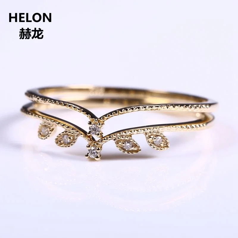 Vintage Solid 14k Yellow Gold Certified Natural Diamonds Women Engagement Rings Romantic Wedding Bands Leaf Millgrain Two Rings