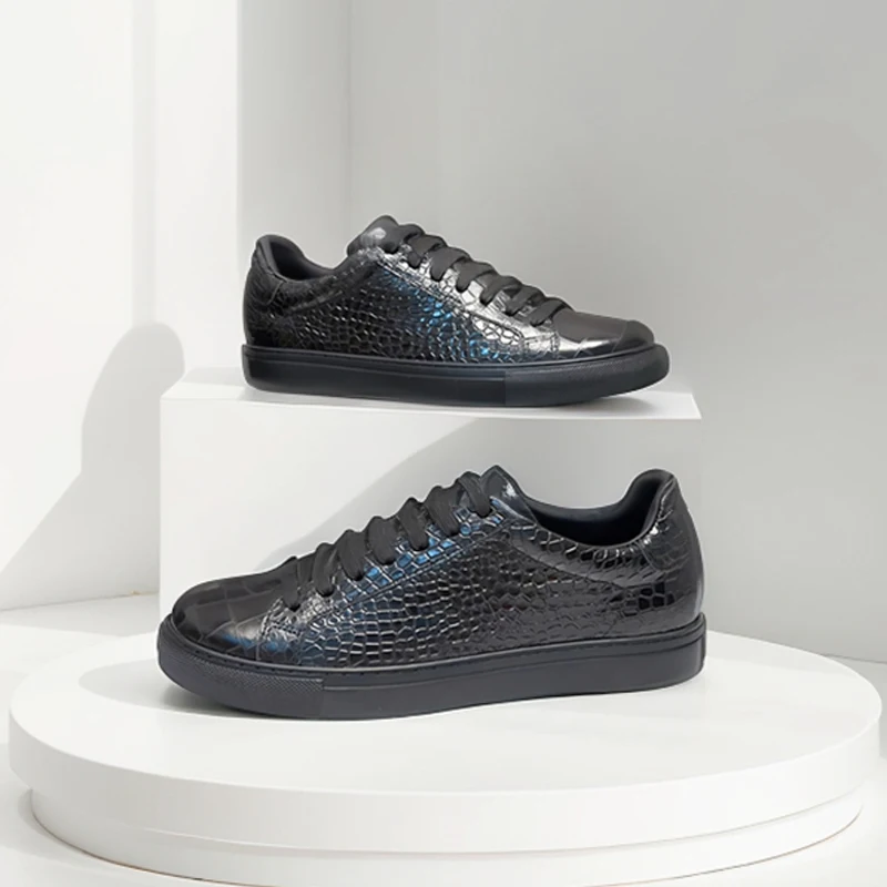 

Black Flats Men's Cow Leather Stone Pattern Round Toe Lace-up Daily Low-Top Casual Shoes Luxury Flat Business Sneakers Handmade